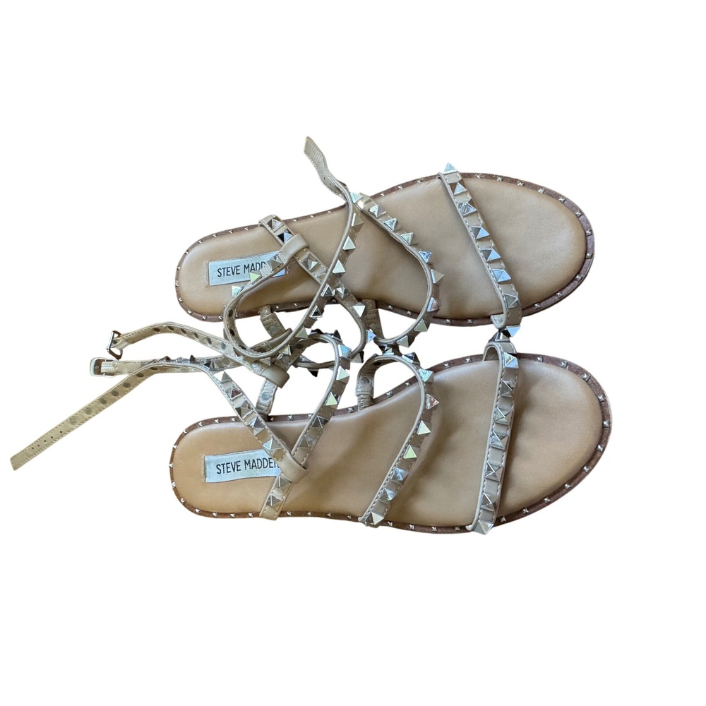 Steve Madden Travel Sandals Womens 7.5 Tan Excellent Studded Gladiator Strappy
